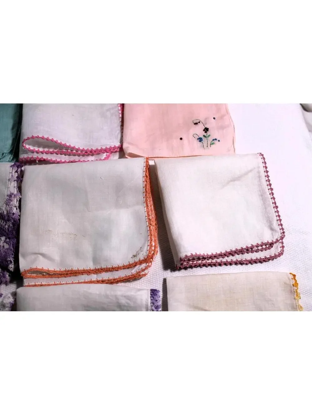 Lot of 9 Vintage Handkerchiefs With Crocheted Borders, Some Slightly Imperfect